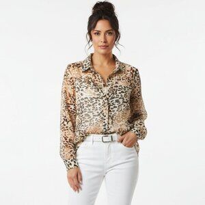 Bailey 44 Tan & Brown Animal Print Long Sleeve Button Up Blouse Top XL